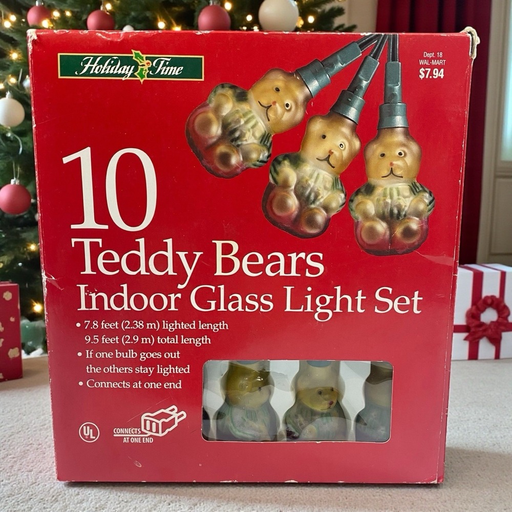 Holiday Time 10 Glass Teddy‎ Bear String Christmas Lights in Box 9.5' Long